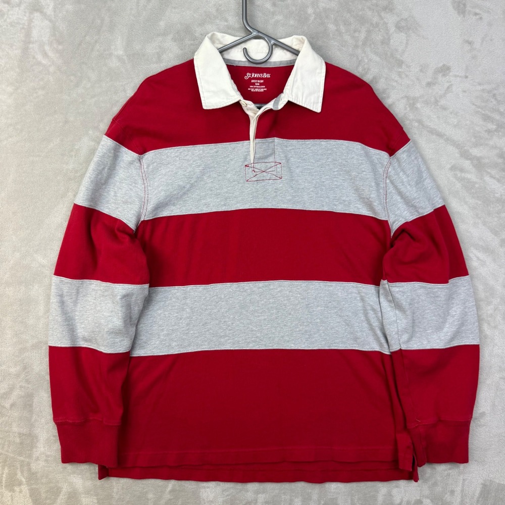St Johns Bay Rugby Shirt Mens XL Red Gray Striped Long Sleeve Polo Preppy
